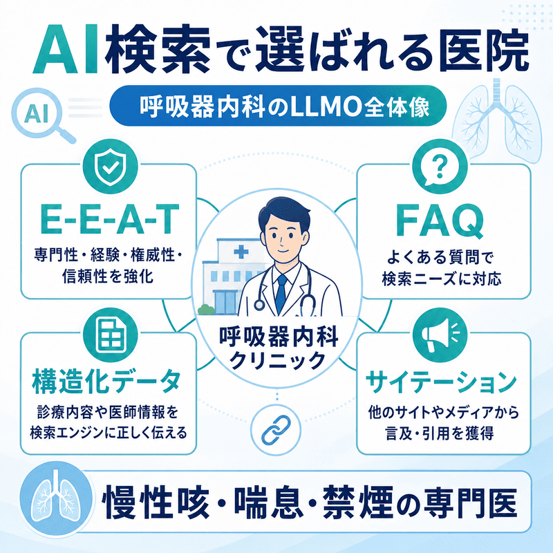 呼吸器内科クリニックがAI検索で選ばれるためのLLMO全体像を、E-E-A-T・FAQ・構造化データ・サイテーションの4軸で示した図