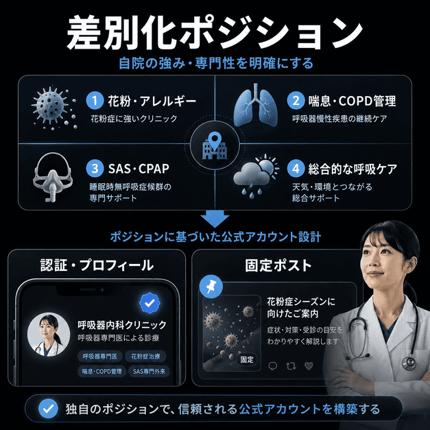呼吸器内科クリニックが花粉症・喘息・SASなどの差別化ポジションを整理し、公式アカウントを設計する様子