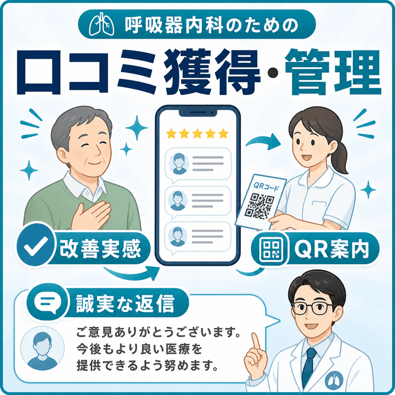 患者の改善実感、QRコード案内、誠実な返信による口コミ獲得と管理を説明する図