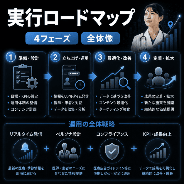 呼吸器内科クリニックのX運用を4フェーズのロードマップで整理し、全体像を確認する様子