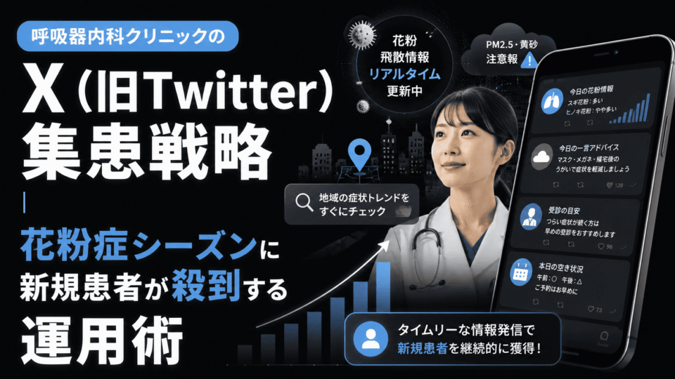 呼吸器内科クリニックがXを活用し、花粉症シーズンのリアルタイム情報発信で新規患者獲得を目指す様子