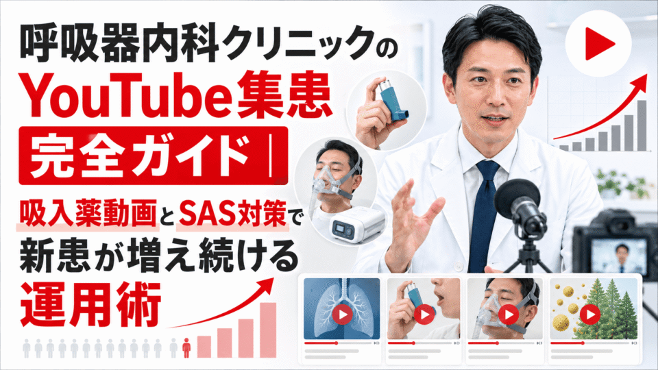 呼吸器内科クリニックのYouTube集患をテーマに、医師の動画発信、吸入薬、CPAP、成長グラフを組み合わせたアイキャッチ画像