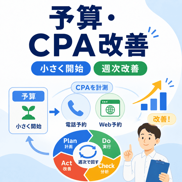 呼吸器内科広告の予算・CPA計測・電話予約・Web予約を改善サイクルで管理する図解