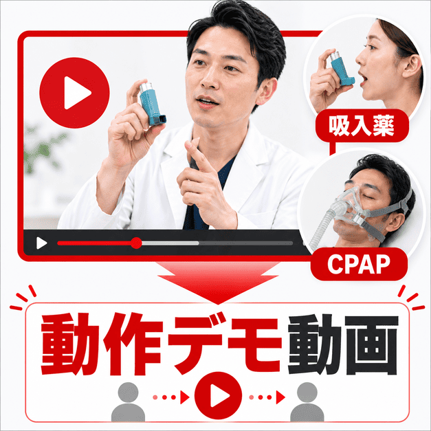 呼吸器内科の医師が吸入薬やCPAPを動画で説明し、動作デモ動画の強みを表したイラスト