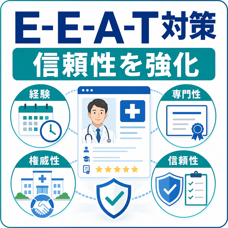 呼吸器内科サイトのE-E-A-T対策として経験・専門性・権威性・信頼性を示した図