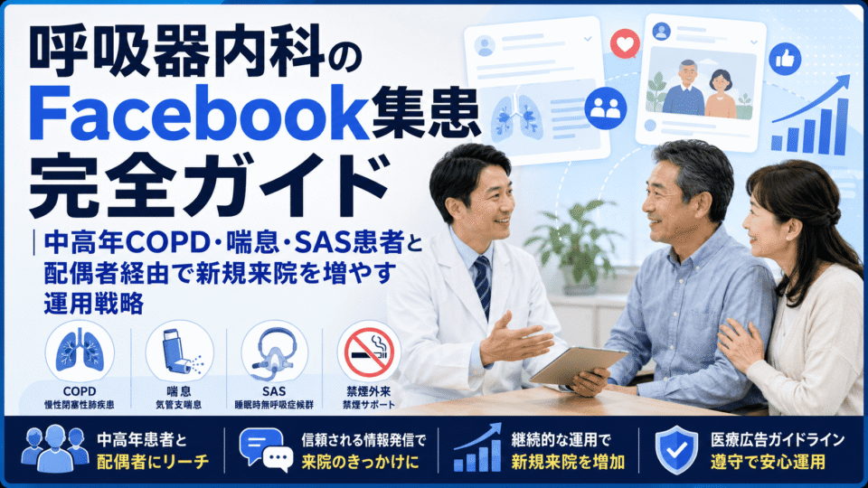 呼吸器内科のFacebook集患戦略を表す、医師と中高年患者・配偶者、SNS投稿や分析グラフを組み合わせたアイキャッチ画像