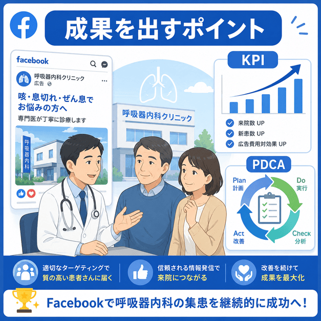 KPIとPDCAを活用し、呼吸器内科のFacebook集患を継続的に成功へ導くポイントをまとめたイラスト