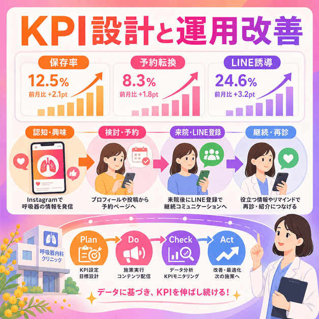 保存率・予約転換率・LINE誘導率などのKPIを確認しながら運用改善する流れを表したイラスト