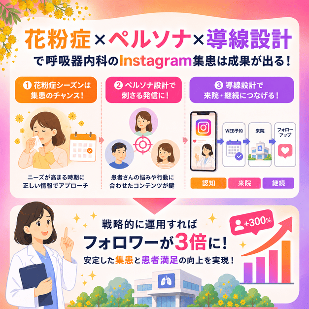 花粉症シーズン・ペルソナ設計・導線設計を組み合わせて呼吸器内科のInstagram集患成果につなげるまとめイラスト