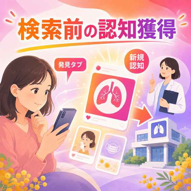 患者が検索する前にInstagram投稿で呼吸器内科を認知する流れを表したイラスト