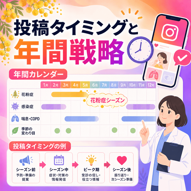 花粉症シーズンや年間カレンダーをもとに呼吸器内科の投稿タイミングを設計するイラスト