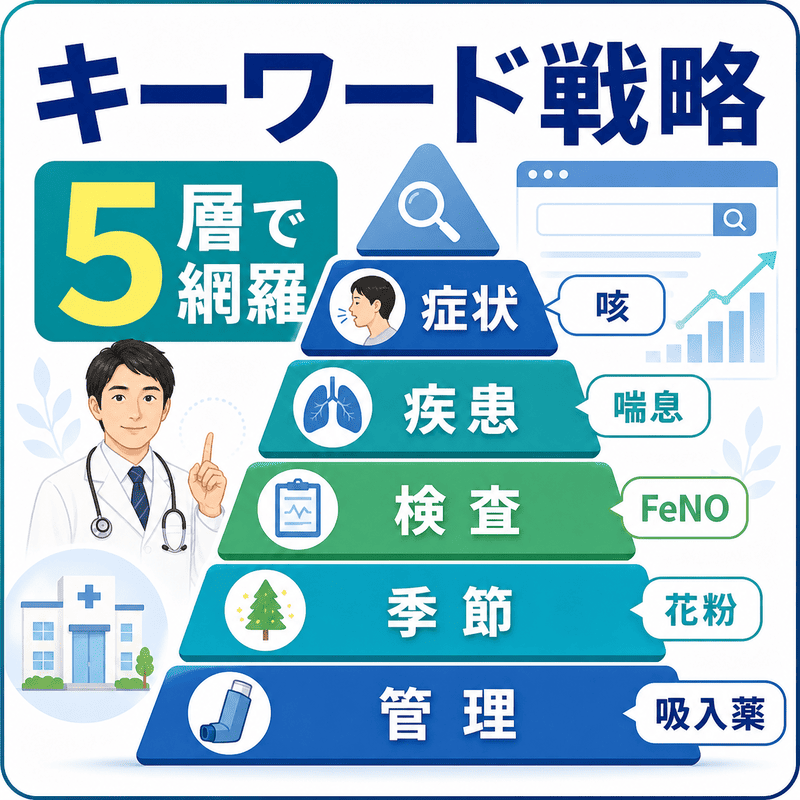 呼吸器内科のSEOキーワードを症状・疾患・検査・季節・管理の5層で整理した図