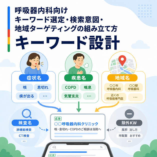 呼吸器内科向けに症状名・疾患名・地域名を組み合わせてキーワード設計する図解