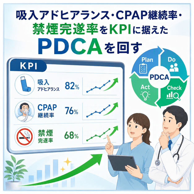 吸入アドヒアランス、CPAP継続率、禁煙完遂率をKPIとして確認しPDCAを回す様子を示したイラスト