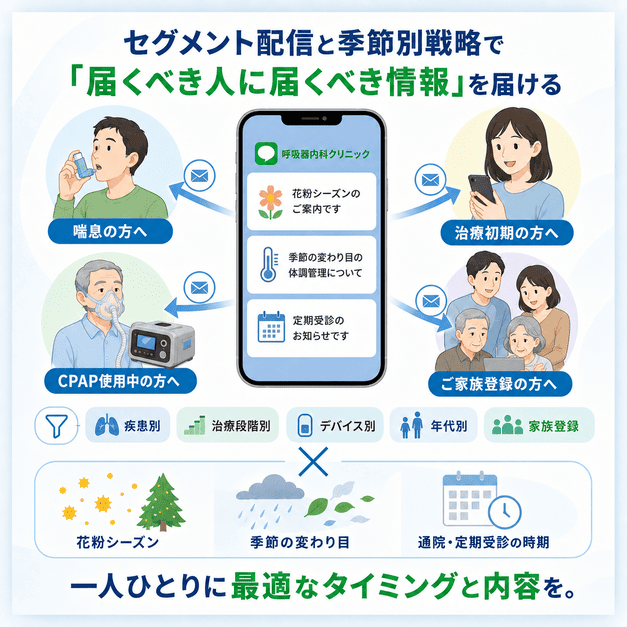 疾患別や治療段階別、季節別にLINE配信を分けて患者ごとに必要な情報を届ける仕組みを示したイラスト