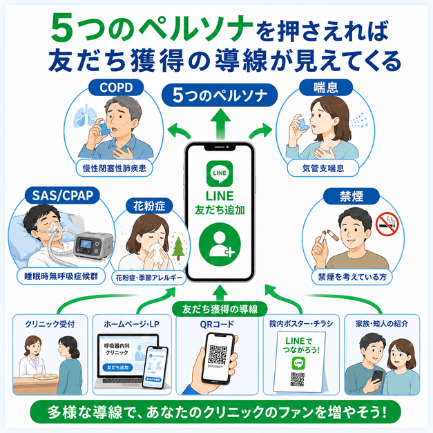 COPD、喘息、SAS、花粉症、禁煙外来の5つの患者ペルソナとLINE友だち獲得導線を整理したイラスト
