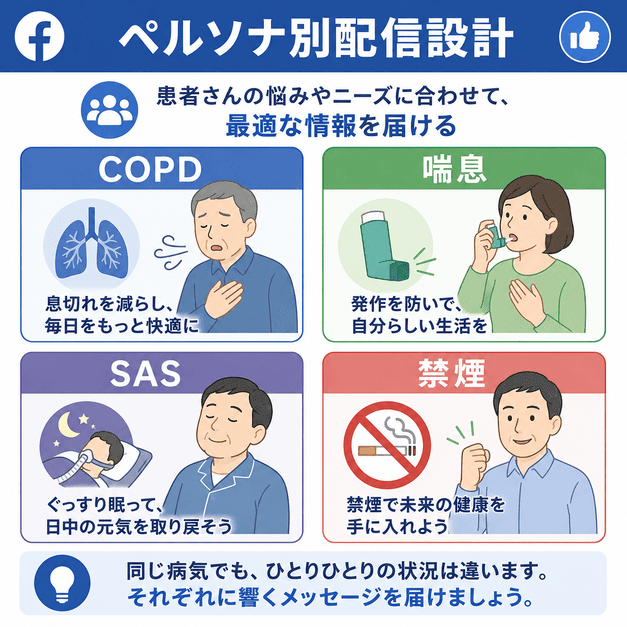 COPD・喘息・SAS・禁煙外来の患者ペルソナ別にFacebook配信内容を設計するイメージイラスト