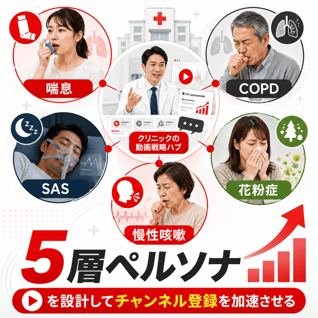 喘息、COPD、SAS、花粉症、慢性咳嗽の5層ペルソナを分類し、呼吸器内科のYouTube戦略を示したイラスト