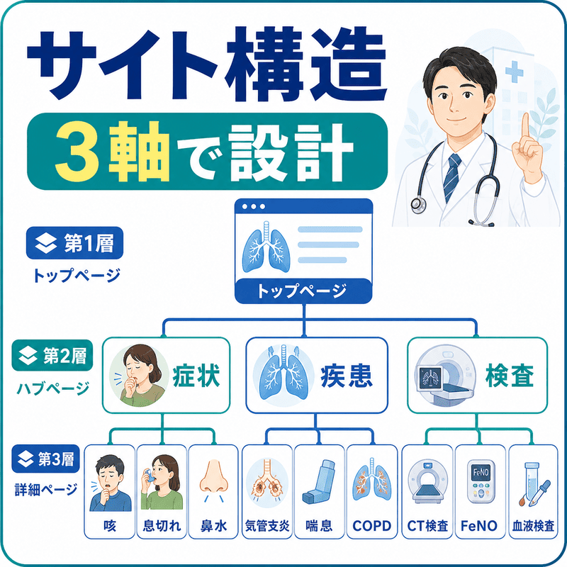 呼吸器内科サイトを症状・疾患・検査の3軸で設計するサイト構造図
