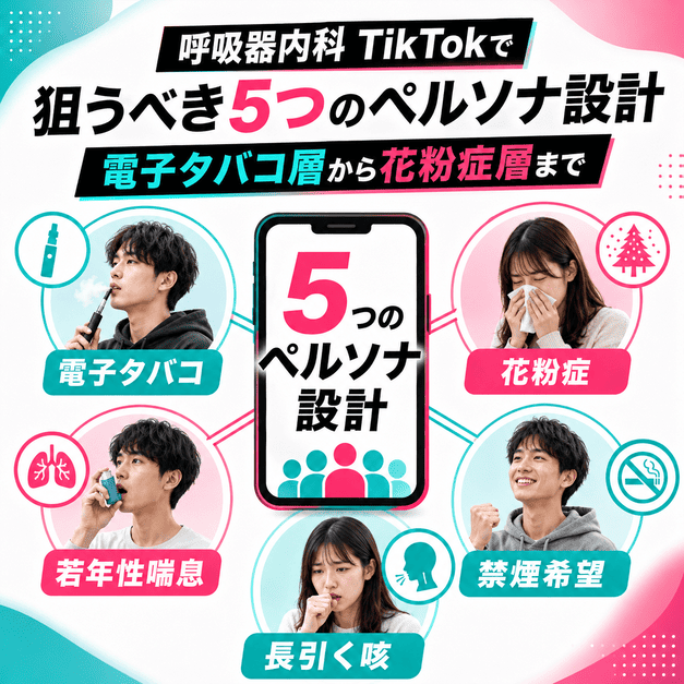 呼吸器内科TikTokで狙う電子タバコ層や花粉症層など5つのペルソナ設計を示したイラスト