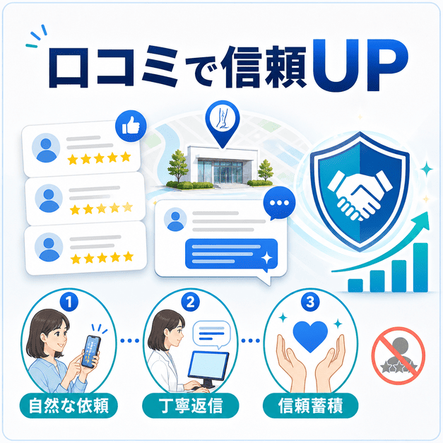 自然な口コミ依頼と丁寧な返信によって患者からの信頼を積み上げる流れを示す図解