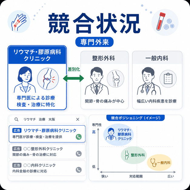 リウマチ・膠原病科クリニックと整形外科・一般内科の競合状況を比較した図解
