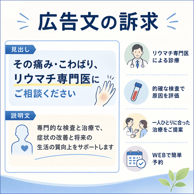 リウマチ専門外来広告の見出しと説明文で伝えるべき訴求内容をまとめたイラスト
