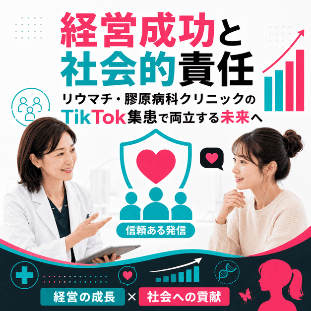リウマチ・膠原病科クリニックがTikTok集患で経営成長と社会的責任を両立する様子を示すイラスト