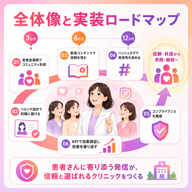 患者会連携、ペルソナ設計、教育発信、ハッシュタグ、コンプライアンス、KPI改善をまとめた実装ロードマップ