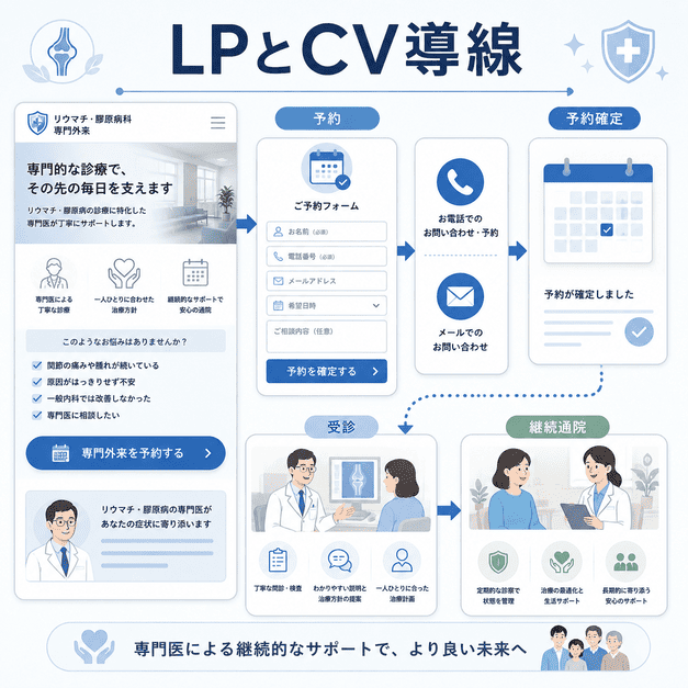 リウマチ・膠原病科のLPからWeb予約・受診・継続通院へ進むCV導線を示した図解