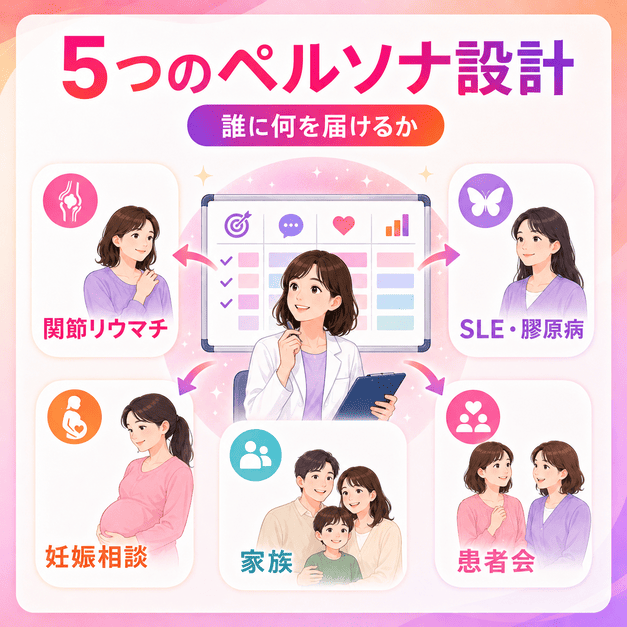 関節リウマチ、SLE、妊娠相談、家族、患者会の5つのペルソナ層を整理する配信設計の図