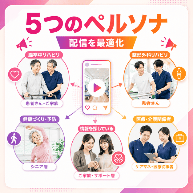 脳卒中後リハビリ、整形外科リハビリ、シニア層、家族、介護関係者の5つのペルソナに合わせた配信設計を表したイラスト