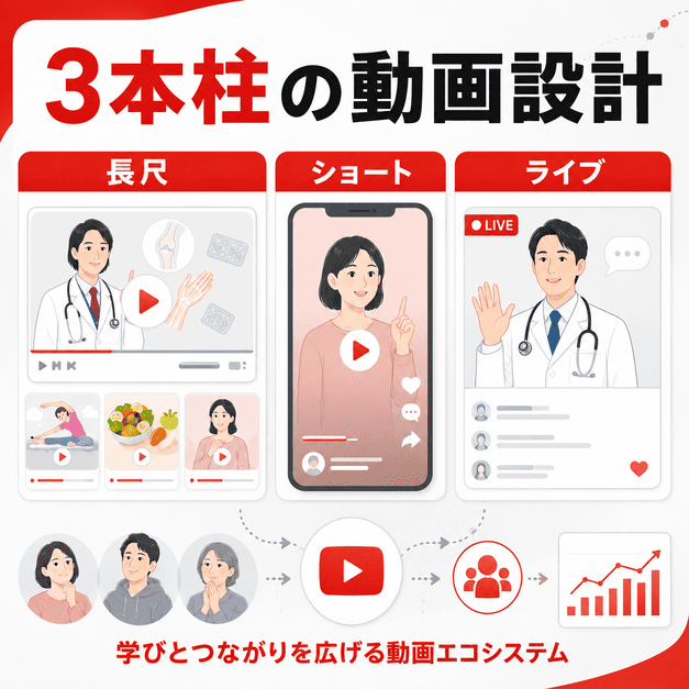 長尺動画・ショート動画・ライブ配信の3本柱でリウマチ動画コンテンツを構成する様子を示したイラスト