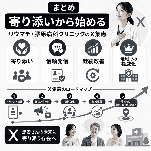 リウマチ・膠原病科クリニックが誠実な情報発信とPDCAで地域の信頼を築くまとめのイメージ