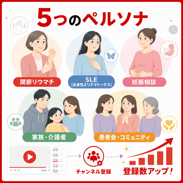 関節リウマチ、SLE、妊娠相談、家族介護者、患者会コミュニティの5つのペルソナを整理したイラスト