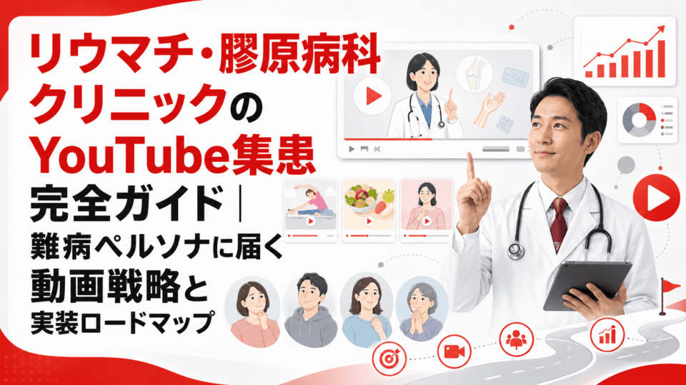 リウマチ・膠原病科クリニックのYouTube集患戦略を、医師・動画コンテンツ・患者ペルソナ・分析グラフで表したアイキャッチ画像