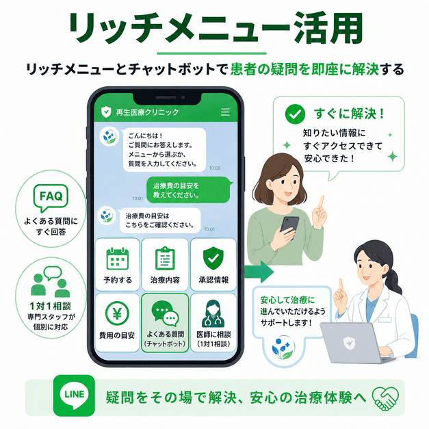 LINEのリッチメニューとチャットボットで患者の疑問をすぐに解決し、安心して治療へ進める導線を示したイラスト