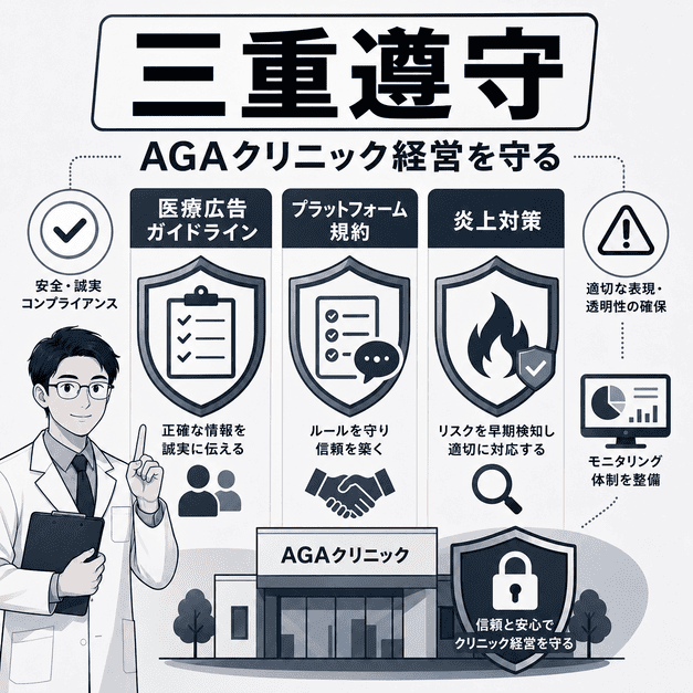 医療広告ガイドライン、SNSポリシー、炎上対策の三重遵守でAGAクリニック経営を守る仕組みを示したイラスト
