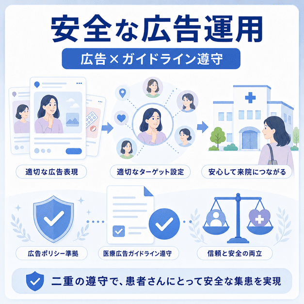 Facebook広告と医療広告ガイドラインを二重に遵守し、安全に集患する広告運用を示したイラスト