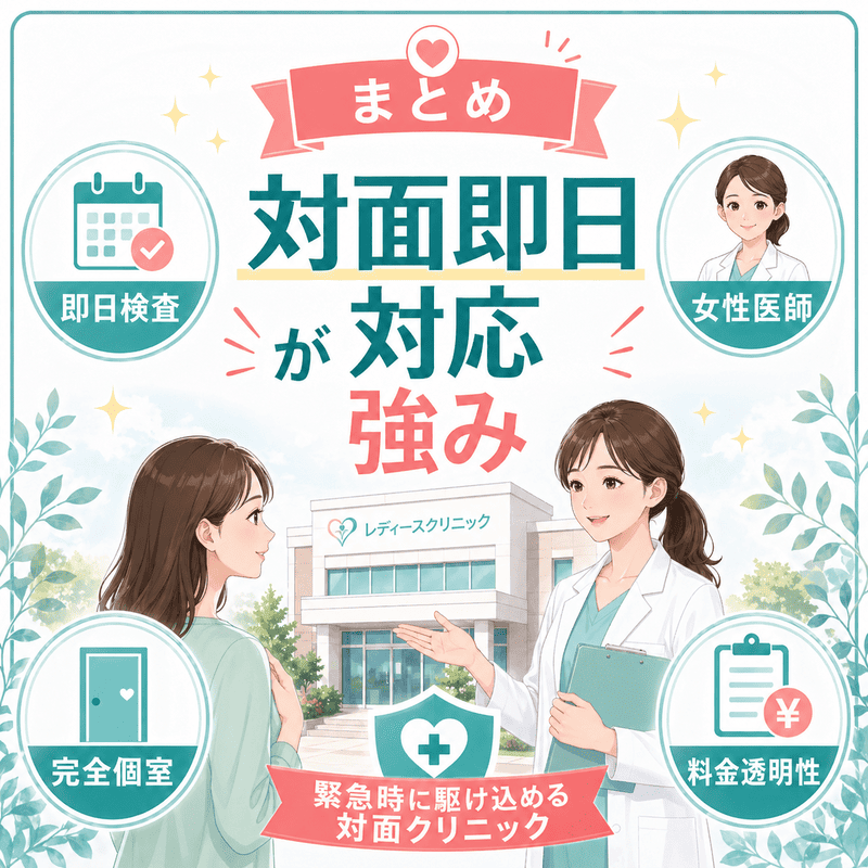 対面即日対応、即日検査、女性医師、完全個室、料金透明性をレディースクリニックの強みとしてまとめた図