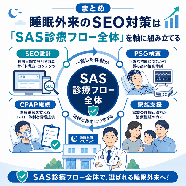 睡眠外来のSEO対策をSAS診療フロー全体で組み立て、SEO設計・PSG検査・CPAP継続・家族支援を統合する図解