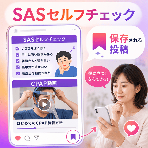 SASセルフチェック投稿とCPAP装着動画が保存されやすいInstagramコンテンツであることを示したイラスト