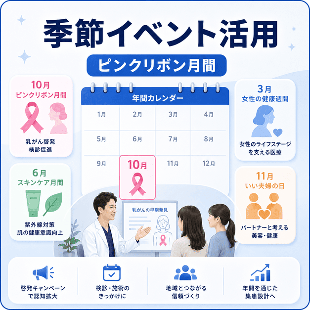 ピンクリボン月間や季節イベントを活用して形成外科クリニックの認知と集患を高めるイメージ