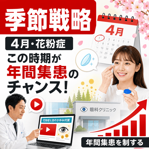 4月の新年度と花粉症シーズンに合わせて眼科YouTube投稿を強化する季節戦略のイラスト