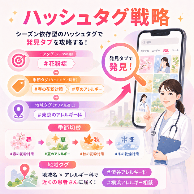 花粉症シーズンや地域名に合わせてハッシュタグを切り替えるInstagram戦略のイラスト
