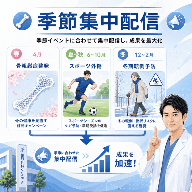 骨粗鬆症啓発月間、スポーツシーズン、冬期転倒予防に合わせて集中配信する季節連動施策を示したイラスト