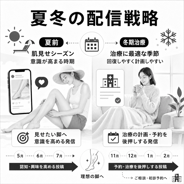 夏の肌見せシーズンと冬の治療シーズンに合わせて下肢静脈瘤クリニックの配信内容を切り替える様子を表したイラスト