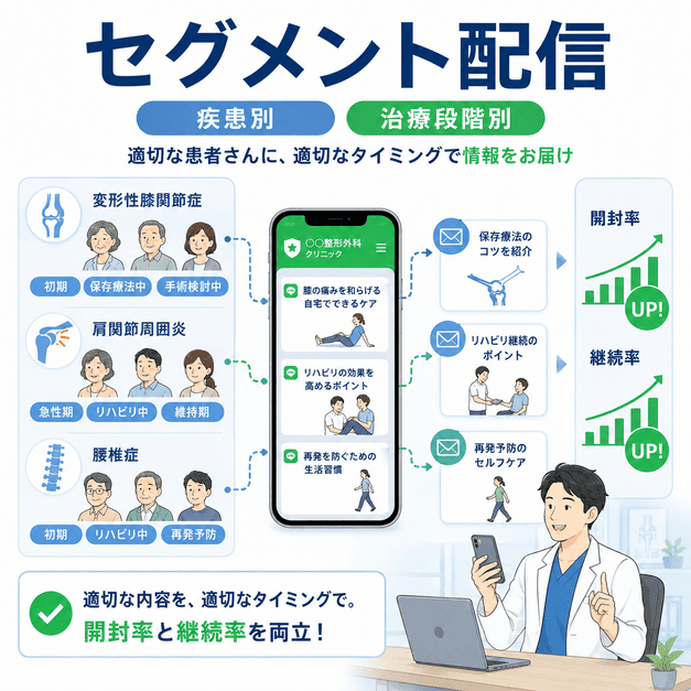 疾患別・治療段階別に患者を分け、適切なLINE配信で開封率と継続率を高める仕組みを表したイラスト