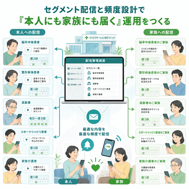 患者本人と家族介護者に合わせてリハビリ情報をセグメント配信する運用画面