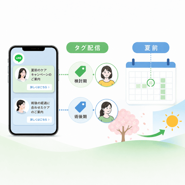 治療段階やペルソナに応じたタグ配信と夏前の季節戦略でLINE配信効果を高めるイメージ